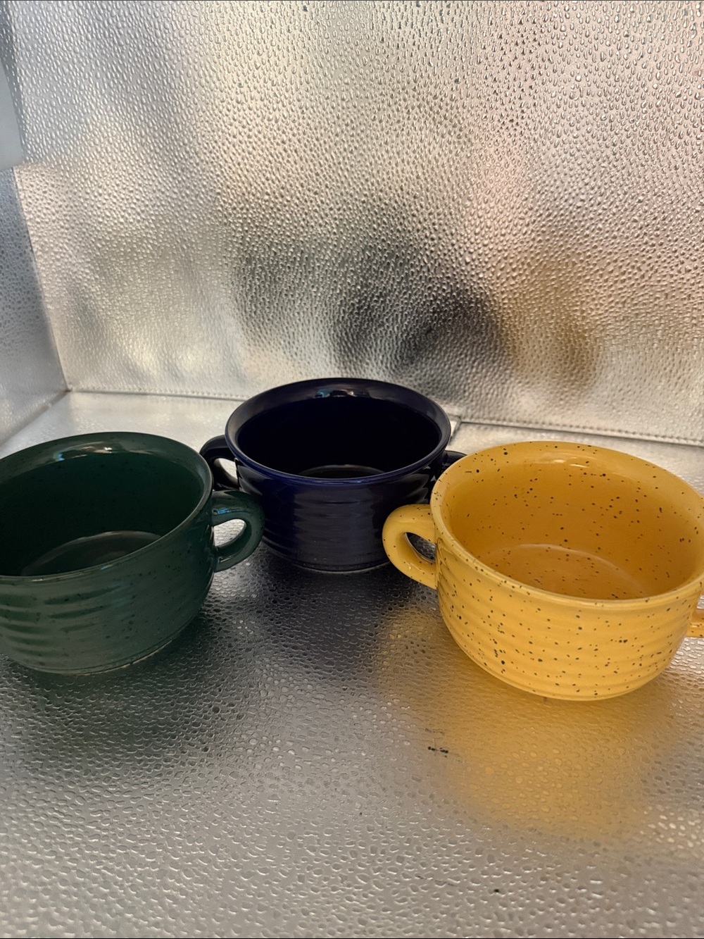 Speckled Ceramic Double-Handled Soup Mugs - Yellow, Blue, Green